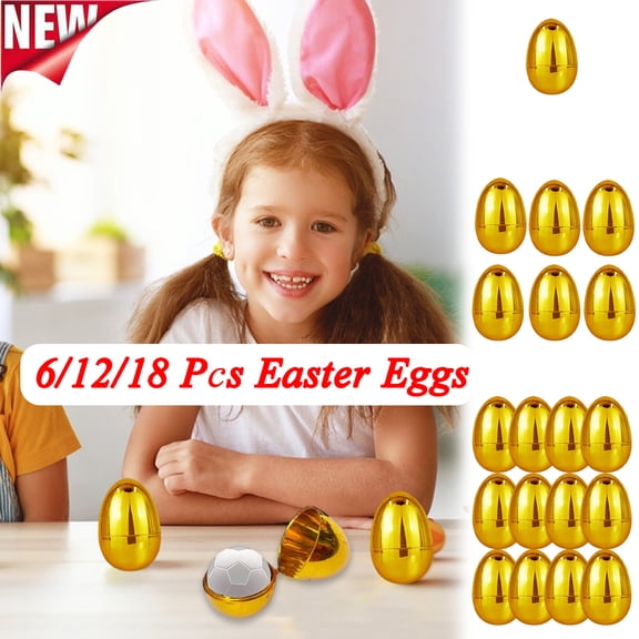 KOYPTL 6/12/18 Pcs Golden Easter Eggs 2.4 Inch Fillable Plastic Empty Easter Eggs Bulk for Hunt Games Party Favor Fillers Basket Stuffers Crafts Party Company Activities Gifts for Boys Girls