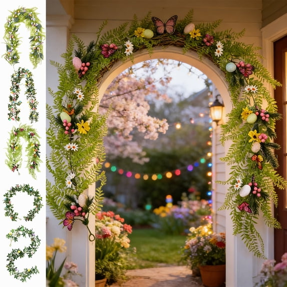 KOYPTL 6.5 Ft Easter Garland Decorations Pastel Easter Eggs Garland with Green Leaves Flexible Spring Vine for Mantle Fireplace Staircase Wall Door Party Background Decor