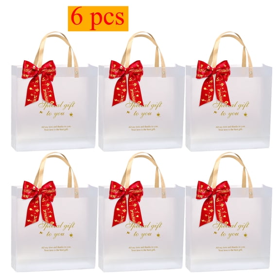 KOYPTL 6 Pcs Christmas Clear Gift Bags with Handles Reusable White Frosted Plastic Bags for Gifts Party Favors,Transparent Tote Boutique Bag Gift Wrap Bags for Wedding Creatives Souvenir Hand Bag