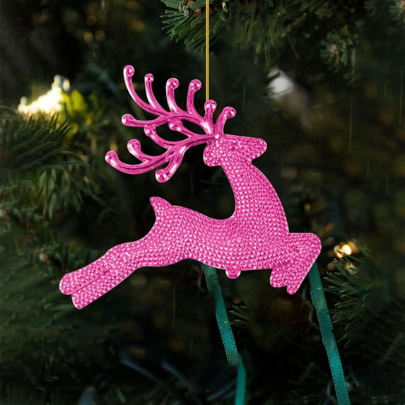 KOYPTL 6 Pcs Christmas Tree Decoration,Xmas Reindeer Hanging Ornaments Glitter Plastic Elk Decorations for Holiday Party Home Indoor Decor Xmas Gift Accessories(Hot Pink)
