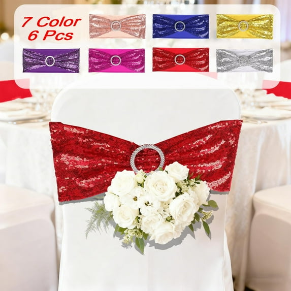 KOYPTL 6 Pcs Sequins Chair Sashes Stretch Chair Bands Spandex Polyester Bows for Party Hotel Graduation Meeting Wedding Banquets Birthday Decoration Red