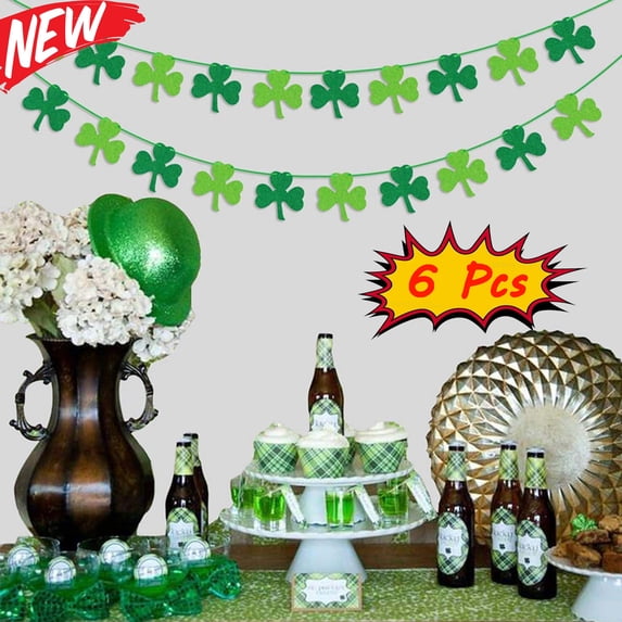 KOYPTL 6 Pcs St Patricks Day Decorations Shamrock Clover Garland Banner Felt Hanging Banner for Home Mantel Office Irish Party Supplies Wall Fireplace Decor