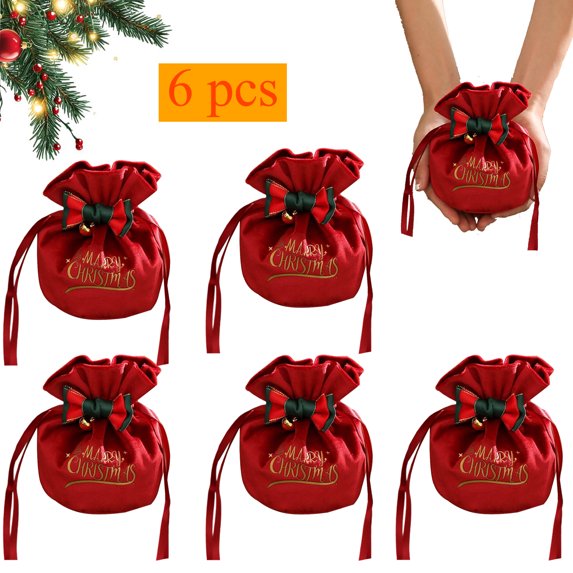KOYPTL 6 Pcs Velvet Christmas Gift Bags with Drawstring and Bow,Gift Pouches Candy Bag Bundle Pocket Wrapping Bags for Christmas Birthday Engagement Wedding Party Supplies
