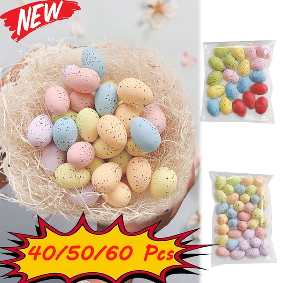 KOYPTL 60 Pcs Easter Speckled Eggs Neutral Plastic Fake Chicken Eggs 1.2" Textured Easter Decorations Pastel Bowl Vase Fillers Farmhouse Spring Decorations for Party Garden Vintage Home Table