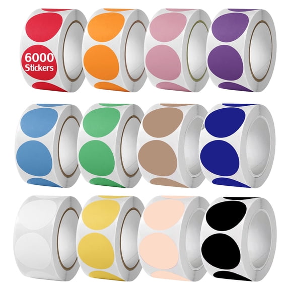 KOYPTL 6000Pcs Color Coding Dot Stickers 12 Rolls Round Labels,Circle Stickers for Organization,Inventory,Gift Wrapping Paper Food Sealing Tape Stickers Garage Sale Price Stickers Easy to Write On 1"