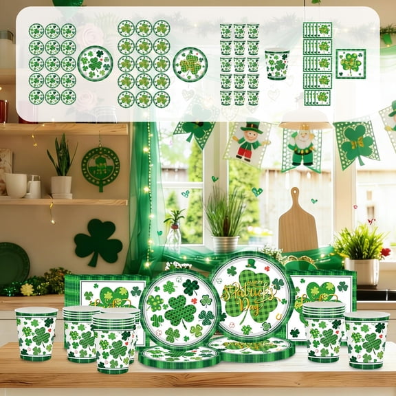 KOYPTL 68 Pcs St Patrick's Day Paper Plates and Napkins Tableware Set Serves 16 Disposable Green Shamrock Party Decorations Supplies Includes Paper Plates (7"*16+9"*16) Napkins*20 Cups*16