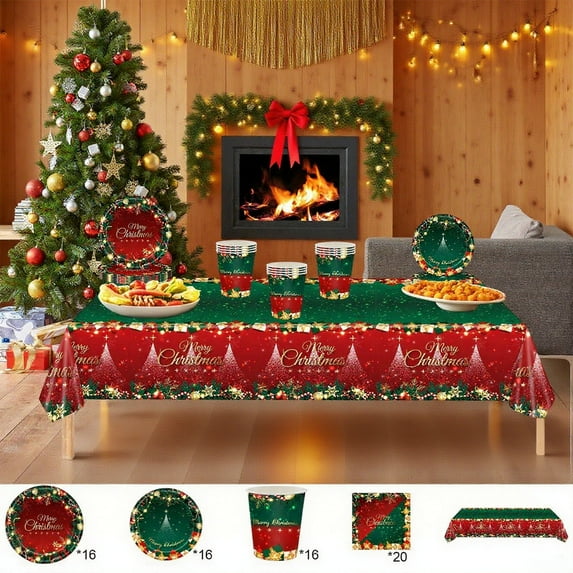 KOYPTL 69 Pack Christmas Paper Plates Party Supplies Set Disposable Paper Plates(7"/9"*16}Napkins*20 Cups*16 and Tablecolth*1,Xmas Tree Table Decorations for Party Holiday Birthday Home Decor