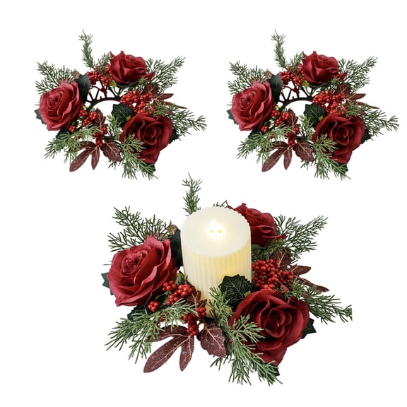 KOYPTL 6PCS Artificial Rose Candle Rings Holder,Red Floral Wreaths Pine Needles Candle Rings for Pillar Candle Lantern Wedding Table Centerpiece Party Home Farmhouse Christmas Valentine Easter Decor