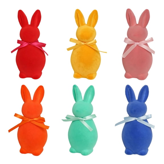 KOYPTL 6PCS Flocked Bunny Easter Decorations with Bow Ties,Pastel Rabbit Figurines for Easter Centerpieces Counter Indoor Baskets,Spring Home Tabletop Shelf Decor & Seasonal Gift for Party Wedding