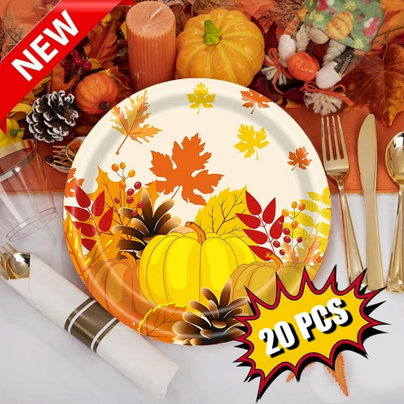 KOYPTL 7 In Thanksgiving Round Pumpkin Paper Plates,Disposable Heavy Duty Maple Leaf Plates for Fall Harvest Holiday Decor Autumn Themed Party Supplies for Birthday and Festive Events Tableware 20pcs