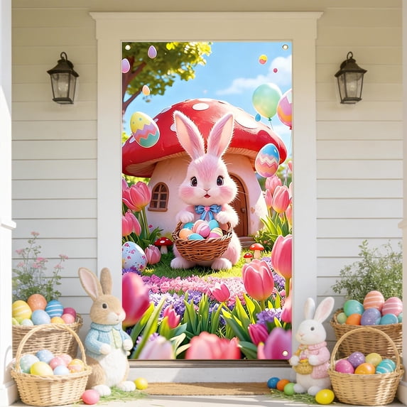 KOYPTL 71x35" Happy Easter Banner Door Cover,Pastel Colorfull Bunny Egg Flowers Themed Porch Sign,Large Front Door Wall Hanging Farmhouse Backdrop for Holiday Indoor Outdoor Spring Party Decorations