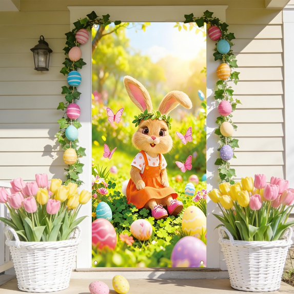 KOYPTL 71x35" Happy Easter Banner Door Cover,Pastel Colorfull Bunny Egg Flowers Themed Porch Sign,Large Front Door Wall Hanging Farmhouse Backdrop for Holiday Indoor Outdoor Spring Party Decorations