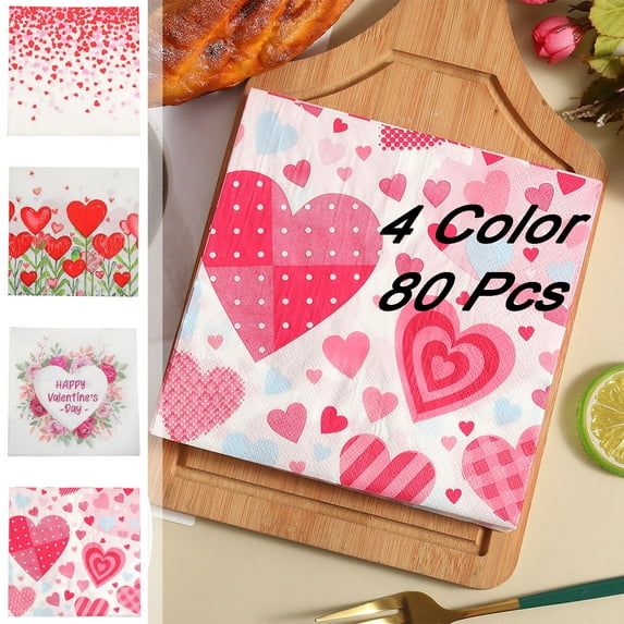 KOYPTL 80 Pcs Pink Heart Napkins for Valentines Day Disposable Paper Napkins with Assorted Heart Designs Tableware Decorations for Romantic Dinners Receptions Engagement Wedding Party Supplies