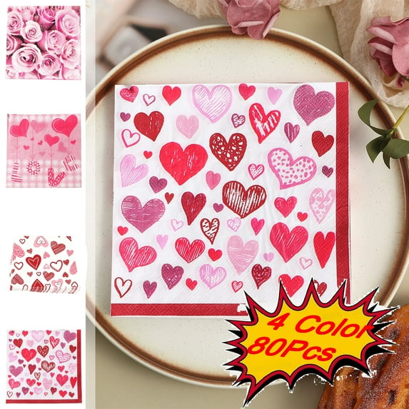 KOYPTL 80 Pcs Valentines Day Paper Napkins for Table Decorations Disposable Pink Napkins with Assorted Heart Designs for Romantic Dinners Receptions Engagement Tableware Decor Wedding Party Supplies