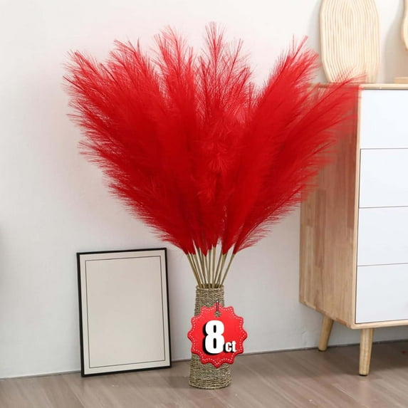 KOYPTL 8pcs Red Pampas Grass Decorations,14In Large Fluffy Artificial Colored Pompas Grass for Room Tabletop Garden Decor,Flower Arrangement,Gift for Christmas Valentine's Wedding Ornaments Present