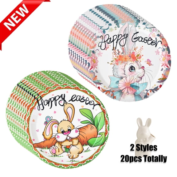 KOYPTL 9 Inch Easter Round Rabbits Eggs Paper Plates,Disposable Heavy Duty Cartoon Bunny Patterns Tableware for Easter Holiday Decorations Home Party Supplies,Serve 20 Guests Boys Girls Toddlers