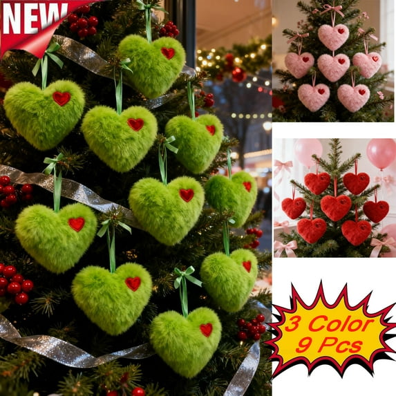 KOYPTL 9 Pcs Plush Heart Ornament Set Valentines Day Decorations for Tree 4.5 Inch Decorative Heart-shaped Ball Hanging Ornament with Ribbons for Garland Gift Wrapping Party Wedding Home Decor Green