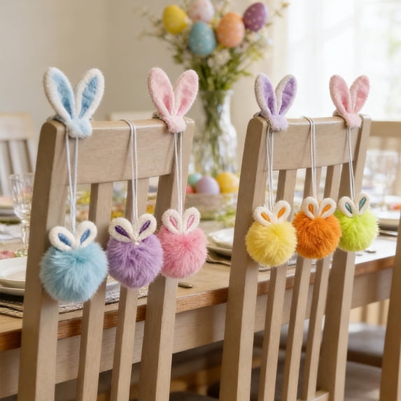KOYPTL 9Pcs Blue Faux Pom Pom Balls with Bunny Ears,3.15 Inch Soft Round Rabbit Pompoms Hanging Decorations for Easter Tree Desk DIY Keychain Wedding Accessories Home Party Birthday Holiday Decor