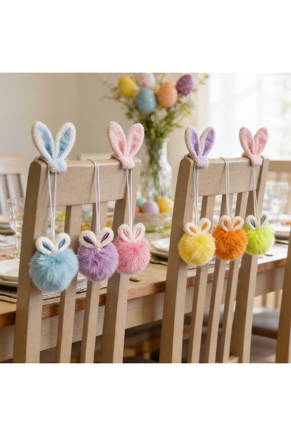 9Pcs Blue Faux Pom Pom Balls with Bunny Ears,3.15 Inch Soft Round Rabbit Pompoms Hanging Decorations for Easter Tree Desk DIY Keychain Wedding Accessories Home Party Birthday Holiday Decor