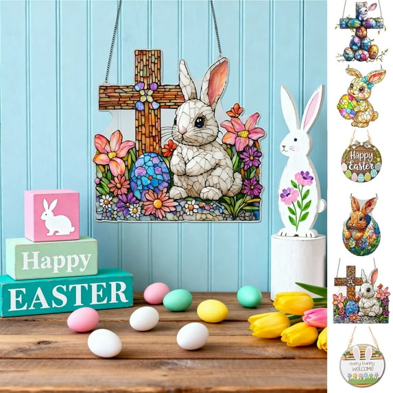 KOYPTL Acrylic Stained Glass Style Rabbit Window Hanging Ornaments,Artificial Lightweight Stained Glass Suncatcher for Home Doors Decor,2D Flat Rabbit Wall Decoration for Sunlit Space Easter Holiday