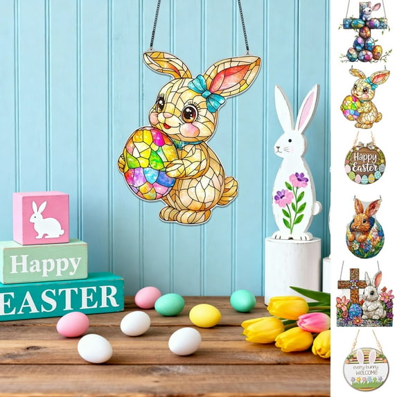 KOYPTL Acrylic Stained Glass Style Rabbit Window Hanging Ornaments,Artificial Lightweight Stained Glass Suncatcher for Home Doors Decor,2D Flat Rabbit Wall Decoration for Sunlit Space Easter Holiday