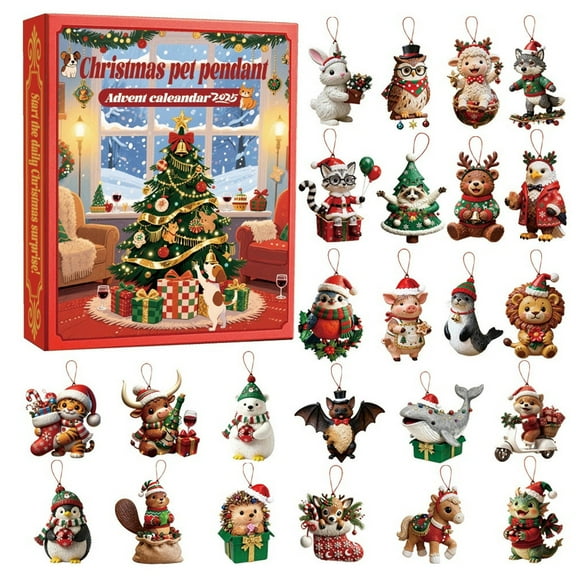 KOYPTL Advent Calendar 2025 for Kids 24 Days Christmas Countdown Calendar with Mini 2D Animal Hanging Ornament Christmas Tree Decorations Stocking Stuffers Party Favor Gifts for Girls Boys