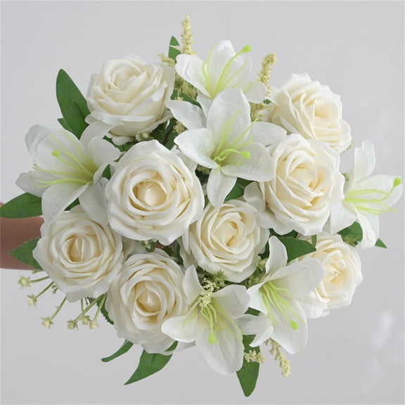 KOYPTL Artificial Flowers Mixed Branch for Bride Handheld Flower,Cloth Flowers Rose & Lily for Table Arrangement Party Decor,Fake Flowers Gift for Home Spring Wall Ornament Holiday Wedding Valentine