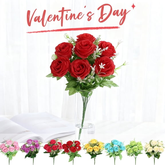 KOYPTL Artificial Flowers Set of 6,Fake Rose Flowers Bouquet Floral Bundle Flowers for Wedding Decor,Valentines,Bridal Bouquet ,Wedding Anniversary Decoration Outdoor