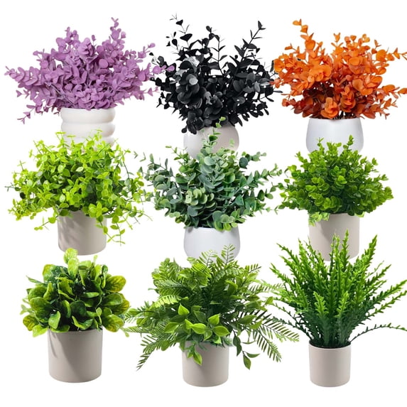 KOYPTL Artificial Plants Indoor with Plastic Pot 6",Fake Small Potted Plants for Home Office Bedroom Outdoor Table Decor,Vase with Greenery Faux Plants for Farmhouse Mantle Centerpiece Shelf Spring