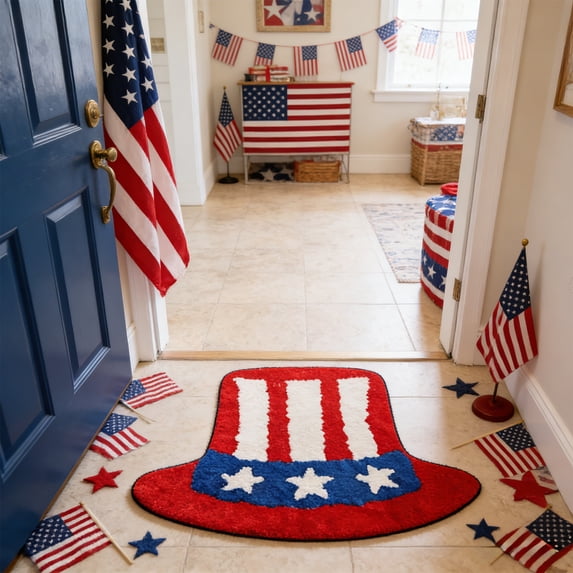 KOYPTL Bathroom Rug Independence Day Decoration,4th of July USA Flag Tuft Bath Mat Non Slip Hat Shaped Washable Absorbent Flag Shower Rug Carpet Front Door Floor Mat for Home Bathroom Decor
