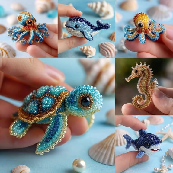KOYPTL Bead Embroidery Kit - Beginner-Friendly Sea Creature Beaded Embroidery Kits DIY Animals Beadwork Craft Kits for Adults Full-Color Instruction Sheet for Craft Lover(1pc)