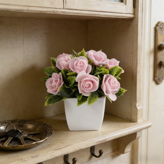 KOYPTL Blooming Artificial Flower Decorations with Pot Mini Luxury Faux Potted Greenery in White Textured Pot Premium Material No Assembly Farmhouse Coffee Table Bathroom Decor Gifts Pink
