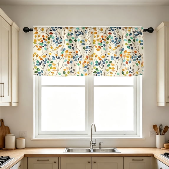 KOYPTL Boho Stripe Kitchen Curtains and Valance Set Linen Tier Curtains Bohemian Small Window Drapes for Cafe Living Room Bathroom Window Treatments Rod Pocket