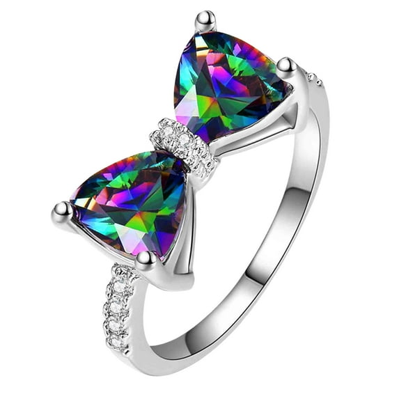 KOYPTL Bow Ring Fashion Jewelry Silver Shiny Multicolour Butterfly Wedding Ring Size 5-10,Comfortable Wear to Any Occasion,Perfect for Birthday, Anniversary, Christmas, Graduation Gifts