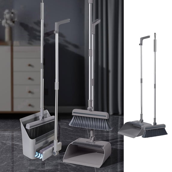 KOYPTL Broom and Dustpan Set for Home Indoor Outdoor Use,180 Rotatable Long Handle Broom with Upright Standing Dustpan Combo Set for Office Kitchen Lobby Floor Sweeping Cleaning Tools 3 In 1 Gray