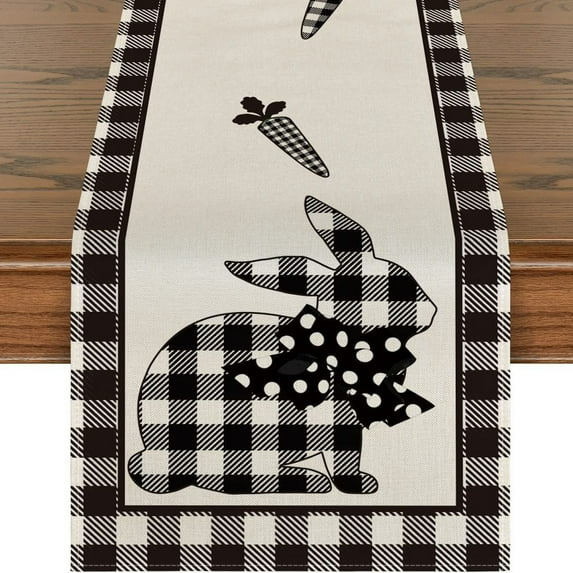 KOYPTL Buffalo Plaid Check Easter Table Runner, 13x108 inch Long Cute Rabbit Carrot Pattern Table Runner, Holiday Farmhouse Fireplace Kitchen Dinning Room Home Party Decoration