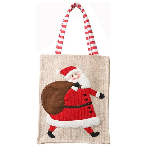 KOYPTL Burlap Tote Bags with Embroidered Art Crafts Gift for Women Kids.Reusable Xmas Bay Storage Containers with Handle for Party Favors Featuring Santa Snowman and for Christmas Events and Wrapping