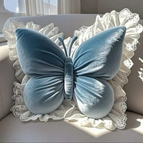 KOYPTL Butterfly Throw Pillow with Lace Trim Butterfly Shaped Cute Blue Throw Pillow for Bed or Sofa 16" x 20" Soft Plush Velvet Lumbar Support Cushion for Bedroom Living Room Office Chair Car Seat