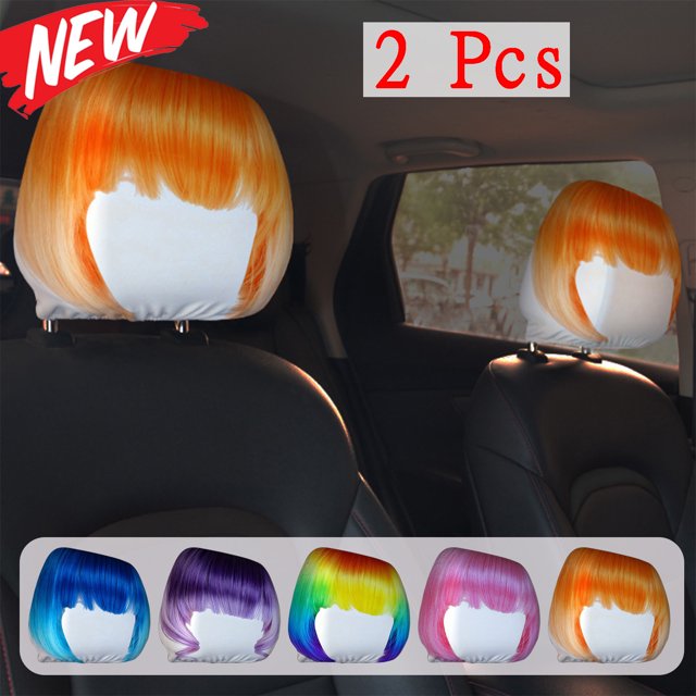KOYPTL Car Pillow Covers with Colorful Wig Design Full Elasticity Seat Protector and Decorative Cover Auto Gift Accessory for Travel Vehicle Decorations Pink