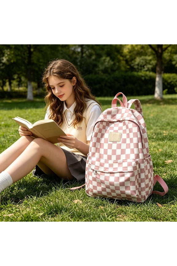 Checkerboard Backpack 15 inch Casual Daypack Back Pack Bag with Adjustable Shoulder Strap Zipper Travel Bags