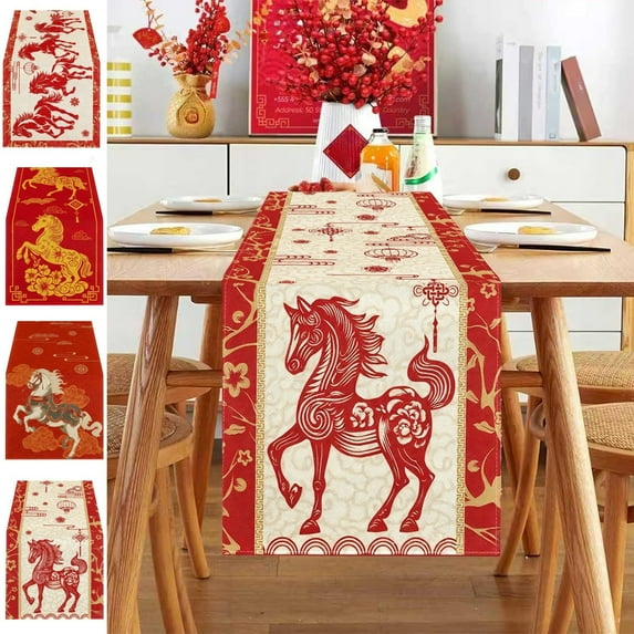 KOYPTL Chinese New Year Table Runner 2026 Paper Cutting Style,Year of The Horse Table Decorations Lunar Spring Festive Kitchen Dining Decor for Holiday Party,Zodiac Horse Indoor Home Ornament 13"x47"