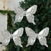 KOYPTL Christmas Butterfly Ornaments for Christmas Tree with Clip,Simulation Glitter Butterfly Festive Decorations for Christmas Wedding Home Party Wedding Wreath Garland Decor 3pcs (Silver)