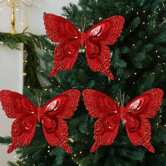 KOYPTL Christmas Butterfly Ornaments for Christmas Tree with Clip,Simulation Glitter Butterfly Festive Decorations for Christmas Wedding Home Party Wedding Wreath Garland Decor 3pcs (Red)