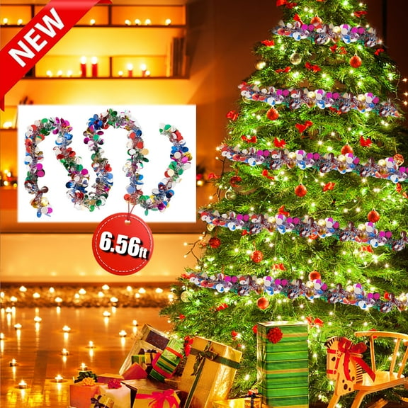 KOYPTL Christmas Colorful Round Sequin Tinsel Rattan with Light,Multicolor Metallic Shinny Garland Decoration for Banner Decor Xmas Tree Stairs Door Mantel Window Hanging(6.56 ft)