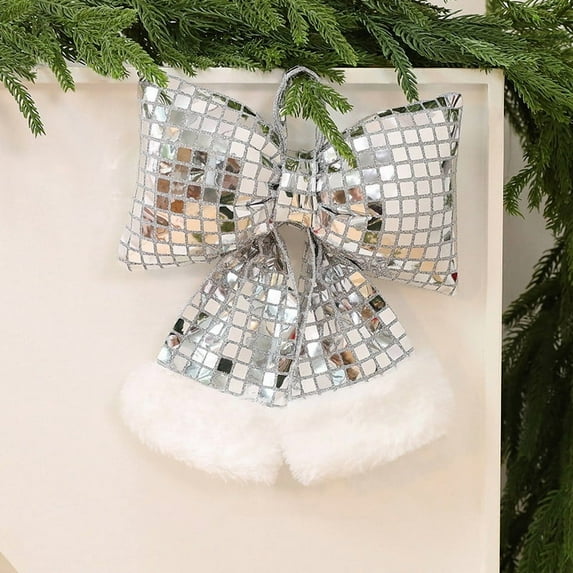 KOYPTL Christmas Decorations 8*9 Inch Medium Fabric Sequined Christmas Bow for Christmas Tree Glitter Silver Christmas Hanging Ornament Home Decor for Wreath Garland Gift Wrapping Wedding Party