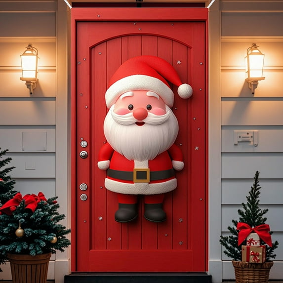 KOYPTL Christmas Door Cover For Front Door,35*71 Inch Background Banner Painted Santa Claus,Hanging Banner Cover With Rope Decor For Winter Indoor Outdoor Festival Christmas Decorations