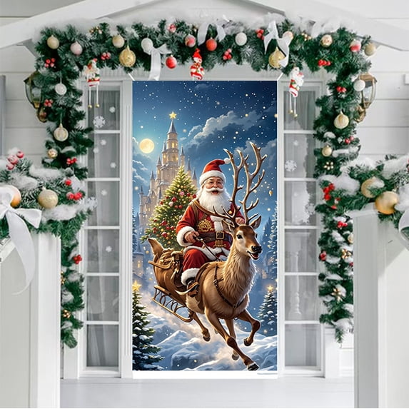 KOYPTL Christmas Door Cover Front Door Decorations,35*70 Inch Background Banner Santa Claus And Elk Bring Good Luck And Blessings,Christmas Decorations For Winter Indoor Outdoor Festival Home Decor