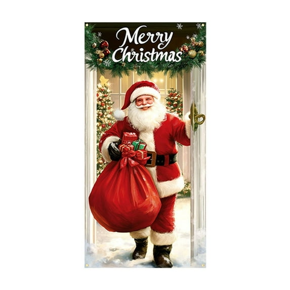 KOYPTL Christmas Door Cover For Front Door,Merry Christmas Santa Claus Pattern Banner For Indoor Outdoor Decor,Backdrop Banner Hanging For Holiday Home Party Christmas Decor Supplies 71 X 35 Inch