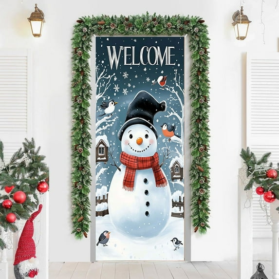 KOYPTL Christmas Door Cover For Front Door,Snowman Banner Photo Backdrop Background Door Hanging Cover Decorations For Winter Holiday Eve New Year Home Party Christmas Decor 71 X 35 Inch