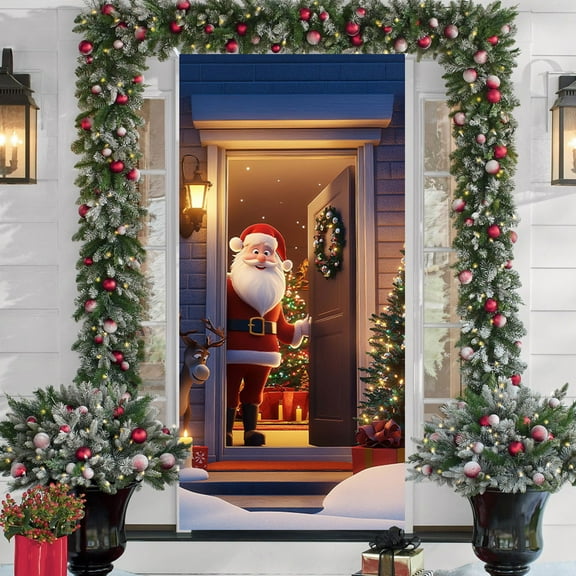 KOYPTL Christmas Front Door Curtain Cover 35x71In,Santas Claus Cover Decorations Banner,Merry Christmas Door Layout Background Ornament for Home Outdoor Winter Holiday Party Porch Wall Hanging Decor